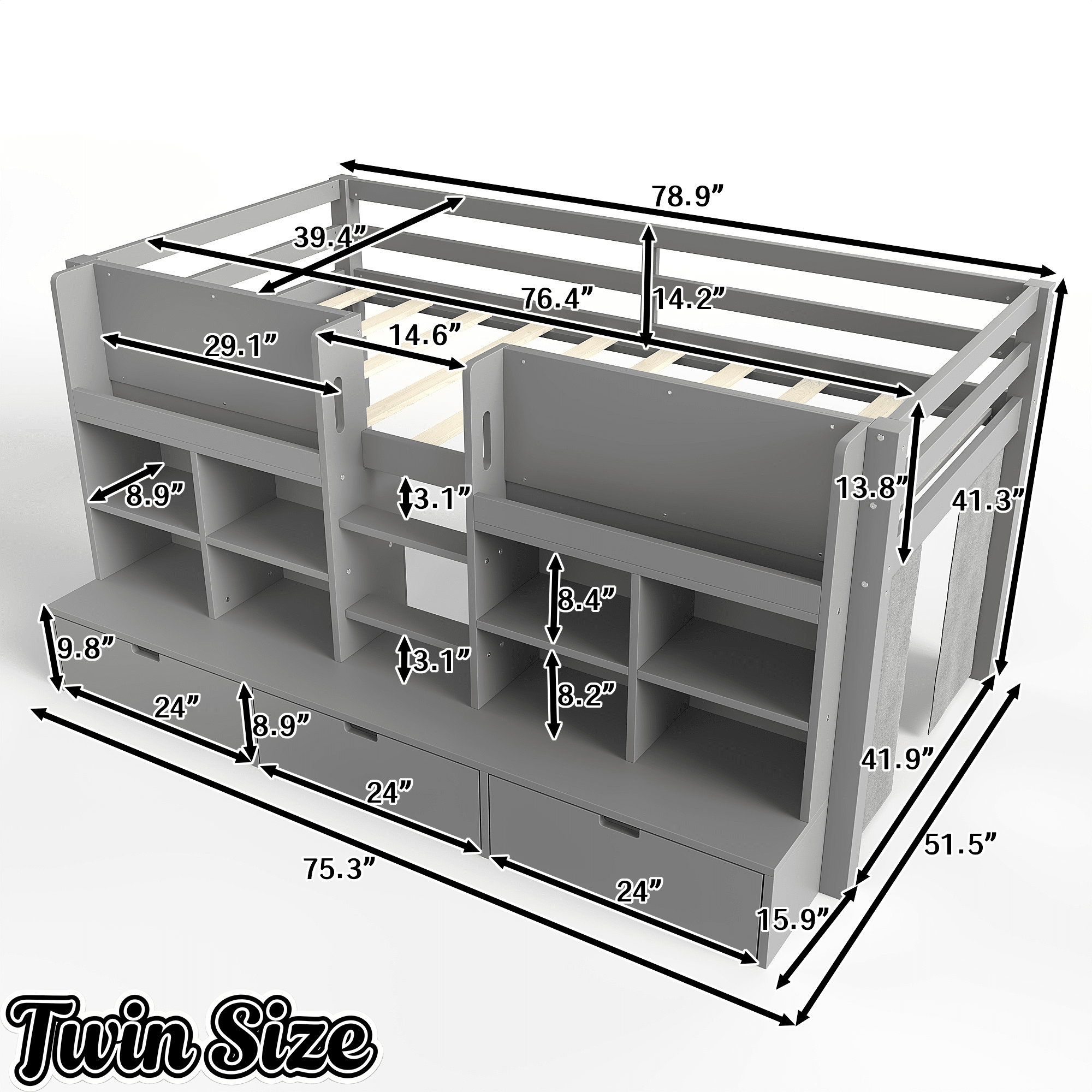 Bellemave® Twin XL Size Loft Bed with Multi - storage Shelves and Storage, Low Loft Bed with Curtain and Chalkboard, No Box Spring Needed, White - Bellemave