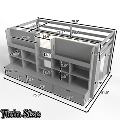 Bellemave® Twin XL Size Loft Bed with Multi - storage Shelves and Storage, Low Loft Bed with Curtain and Chalkboard, No Box Spring Needed, White - Bellemave