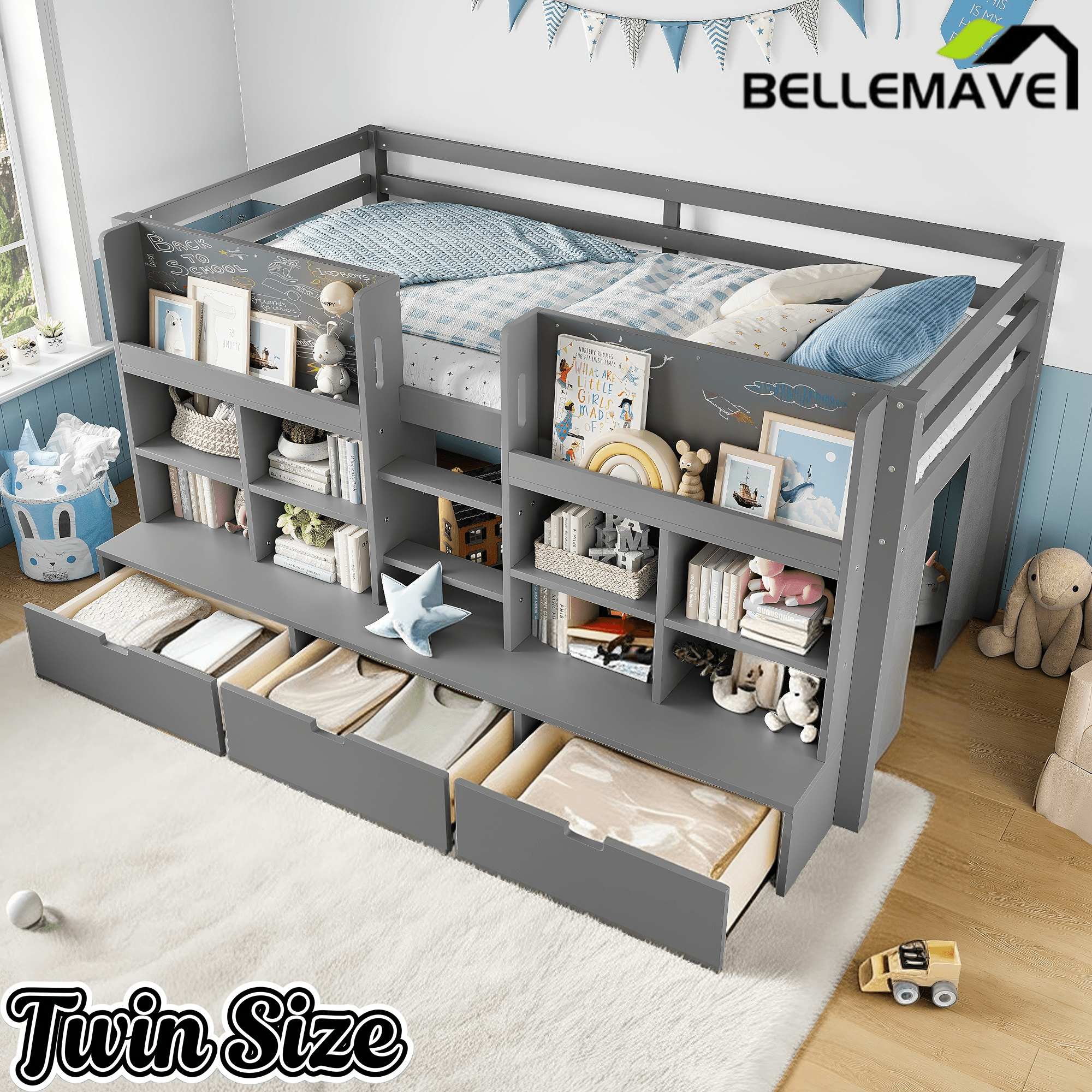 Bellemave® Twin XL Size Loft Bed with Multi - storage Shelves and Storage, Low Loft Bed with Curtain and Chalkboard, No Box Spring Needed, White - Bellemave