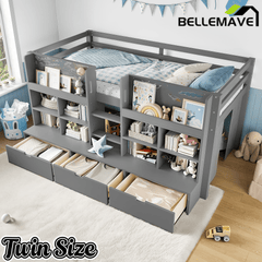 Bellemave® Twin XL Size Loft Bed with Multi - storage Shelves and Storage, Low Loft Bed with Curtain and Chalkboard, No Box Spring Needed, White - Bellemave
