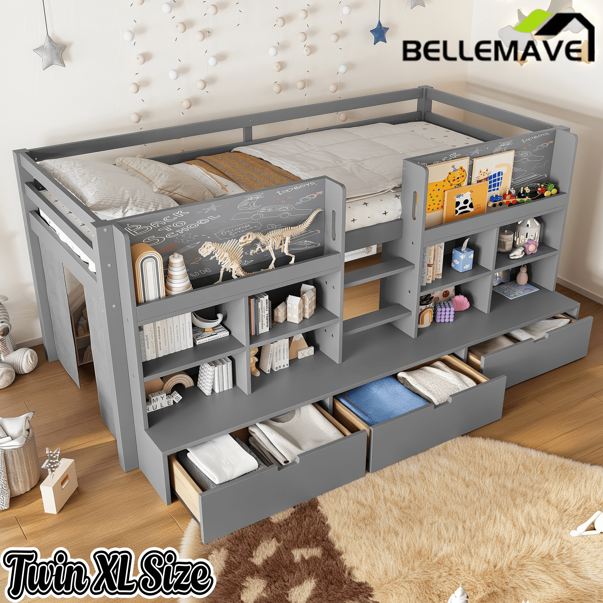 Bellemave® Twin XL Size Loft Bed with Multi - storage Shelves and Storage, Low Loft Bed with Curtain and Chalkboard, No Box Spring Needed, White - Bellemave