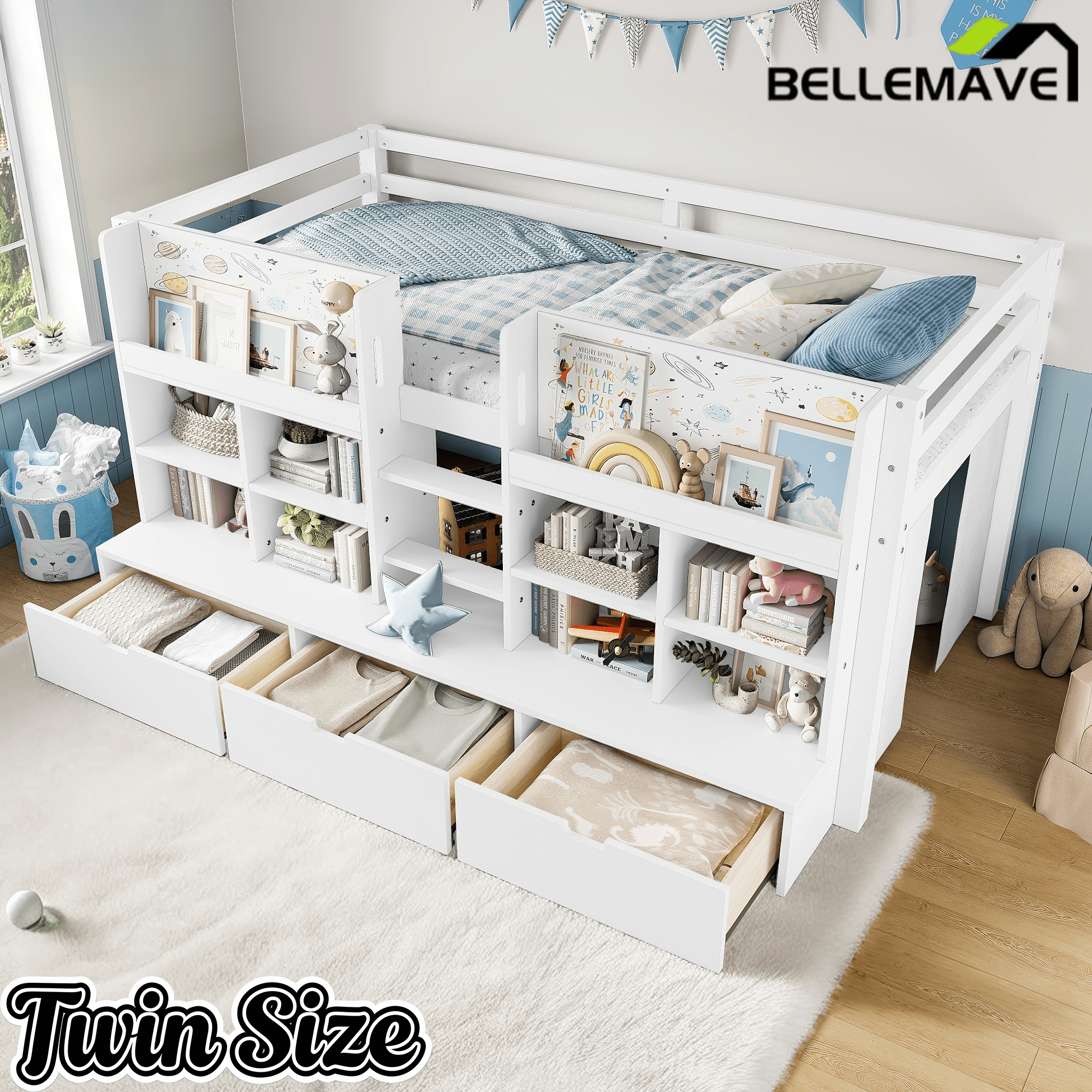 Bellemave® Twin XL Size Loft Bed with Multi - storage Shelves and Storage, Low Loft Bed with Curtain and Chalkboard, No Box Spring Needed, White - Bellemave