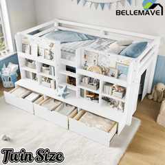 Bellemave® Twin XL Size Loft Bed with Multi - storage Shelves and Storage, Low Loft Bed with Curtain and Chalkboard, No Box Spring Needed, White - Bellemave