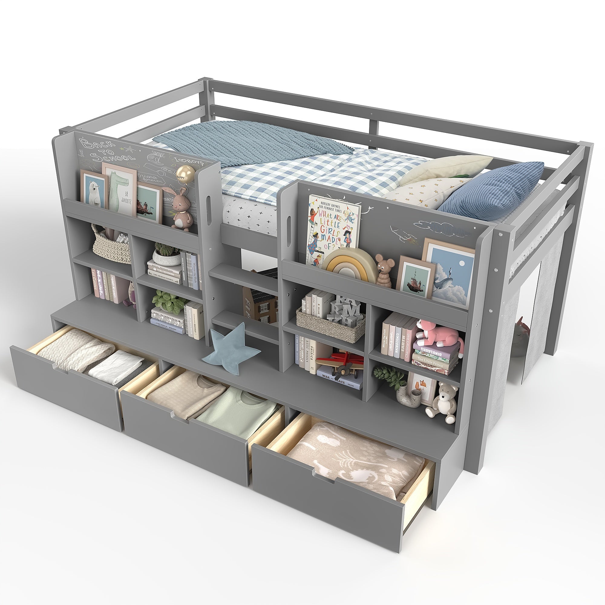 Bellemave® Twin XL Size Loft Bed with Multi - storage Shelves and Storage, Low Loft Bed with Curtain and Chalkboard, No Box Spring Needed, White - Bellemave