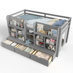 Bellemave® Twin XL Size Loft Bed with Multi - storage Shelves and Storage, Low Loft Bed with Curtain and Chalkboard, No Box Spring Needed, White - Bellemave