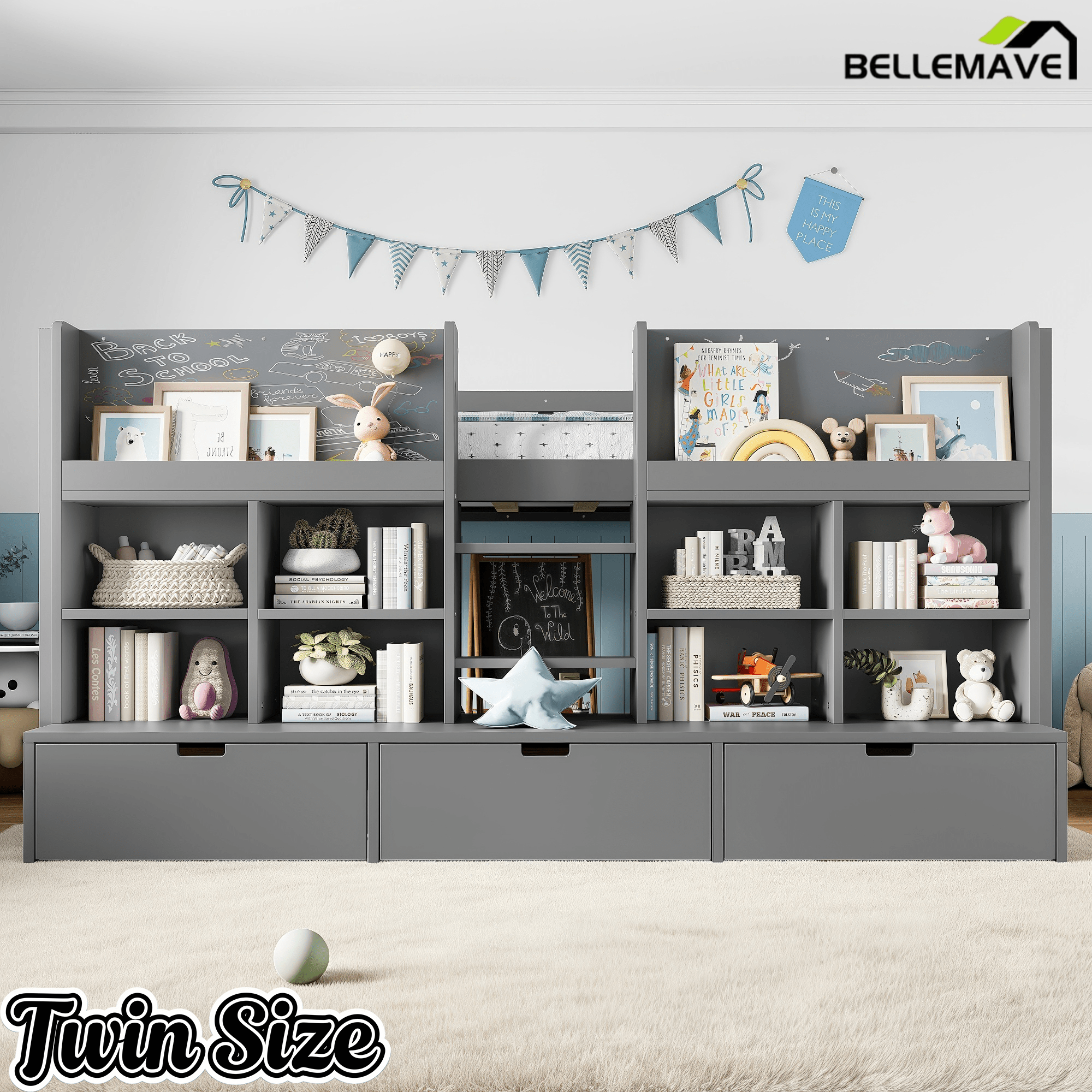 Bellemave® Twin XL Size Loft Bed with Multi - storage Shelves and Storage, Low Loft Bed with Curtain and Chalkboard, No Box Spring Needed, White - Bellemave