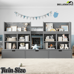 Bellemave® Twin XL Size Loft Bed with Multi - storage Shelves and Storage, Low Loft Bed with Curtain and Chalkboard, No Box Spring Needed, White - Bellemave