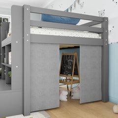 Bellemave® Twin XL Size Loft Bed with Multi - storage Shelves and Storage, Low Loft Bed with Curtain and Chalkboard, No Box Spring Needed, White - Bellemave