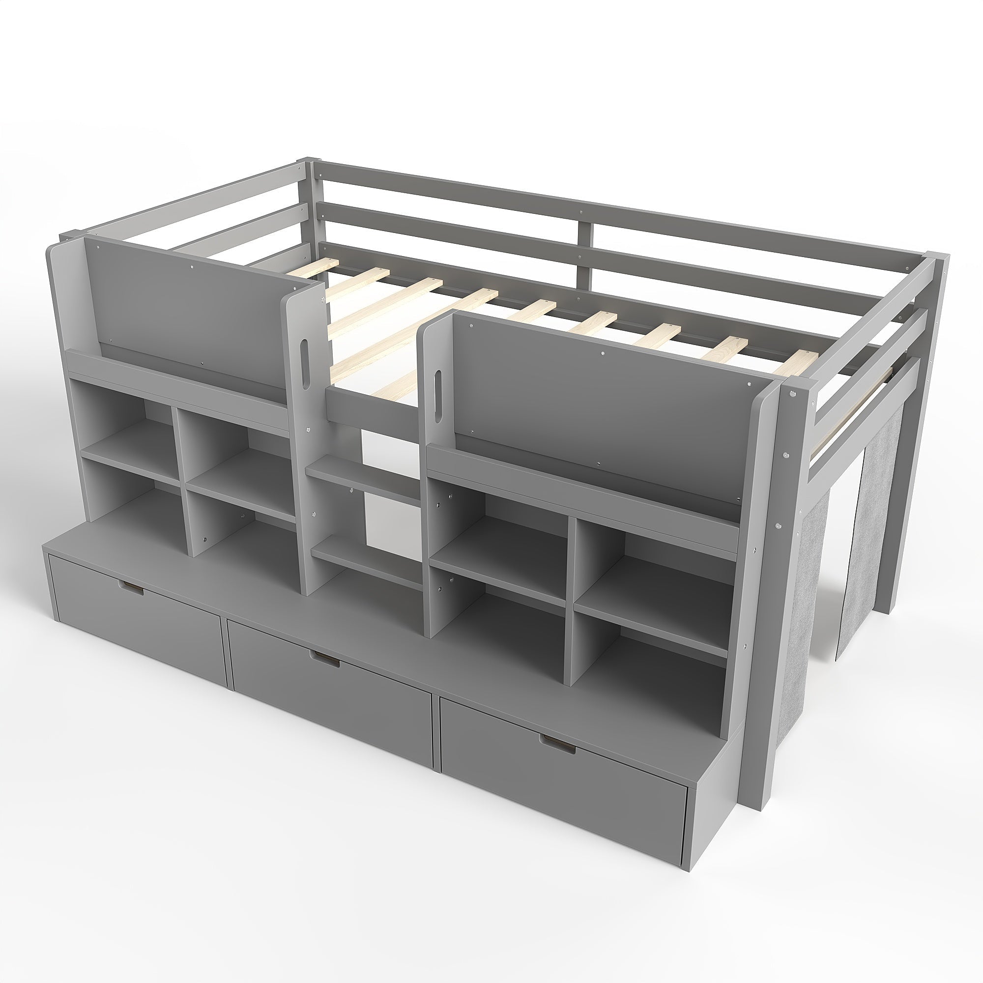 Bellemave® Twin XL Size Loft Bed with Multi - storage Shelves and Storage, Low Loft Bed with Curtain and Chalkboard, No Box Spring Needed, White - Bellemave