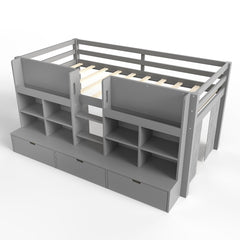 Bellemave® Twin XL Size Loft Bed with Multi - storage Shelves and Storage, Low Loft Bed with Curtain and Chalkboard, No Box Spring Needed, White - Bellemave