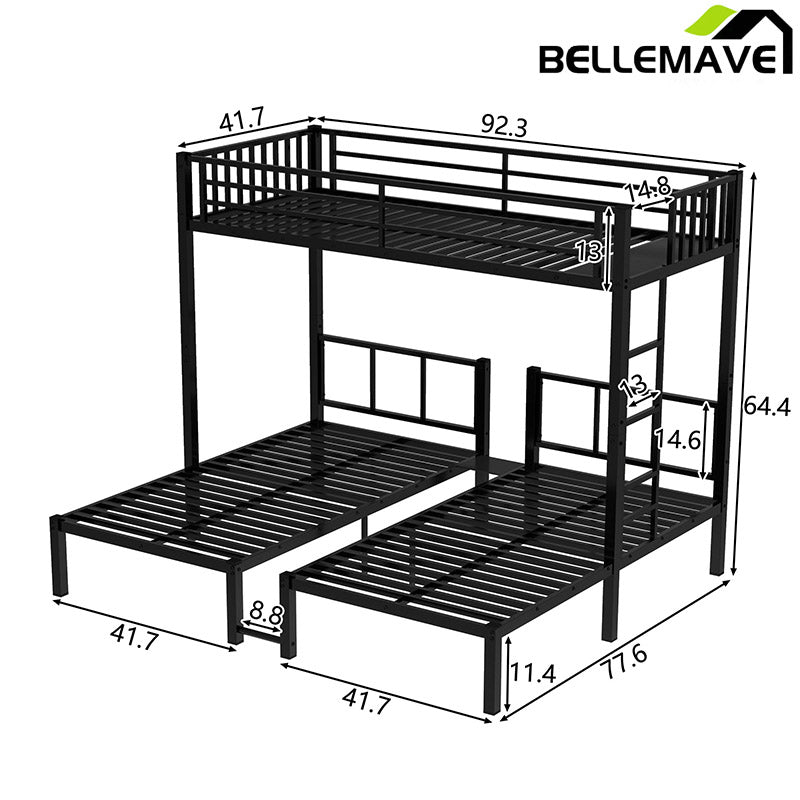 Bellemave® Twin XL/Twin over Twin & Twin Metal Triple Bunk Bed for 3 - Bellemave