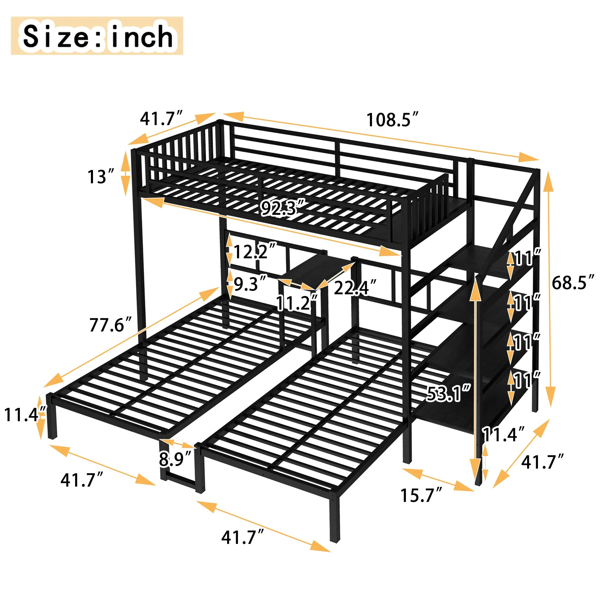 Bellemave® Twin/Twin XL over Twin & Twin Metal Triple Bunk Bed with Desk and Shelves - Bellemave