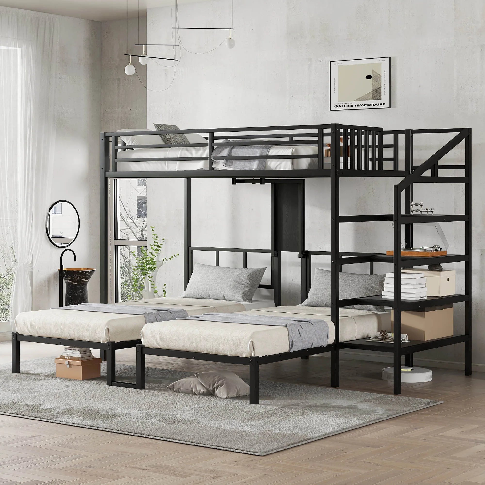 Bellemave® Twin/Twin XL over Twin & Twin Metal Triple Bunk Bed with Desk and Shelves - Bellemave