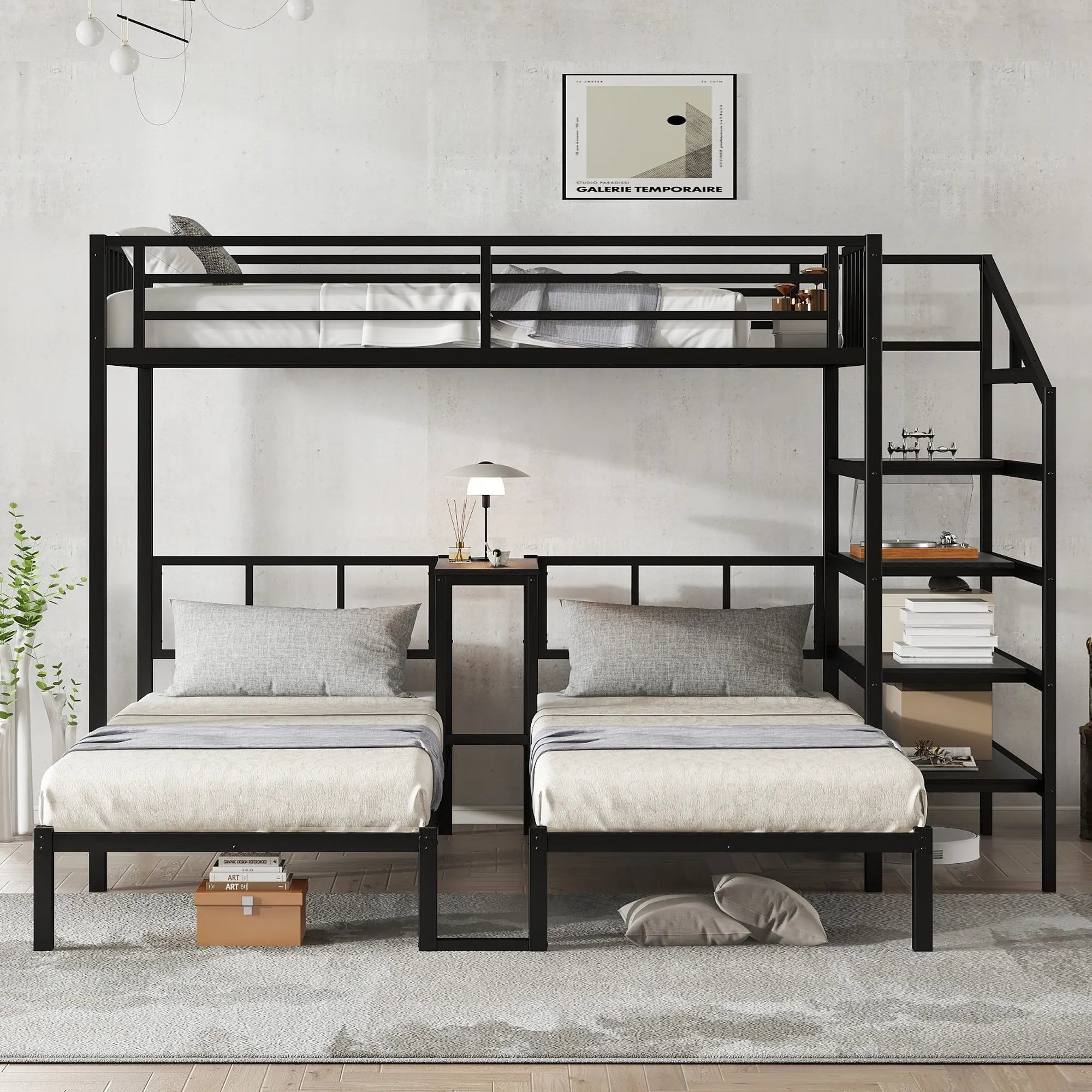 Bellemave® Twin/Twin XL over Twin & Twin Metal Triple Bunk Bed with Desk and Shelves - Bellemave