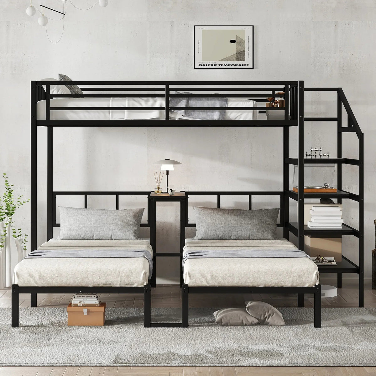 Bellemave® Twin/Twin XL over Twin & Twin Metal Triple Bunk Bed with Desk and Shelves - Bellemave