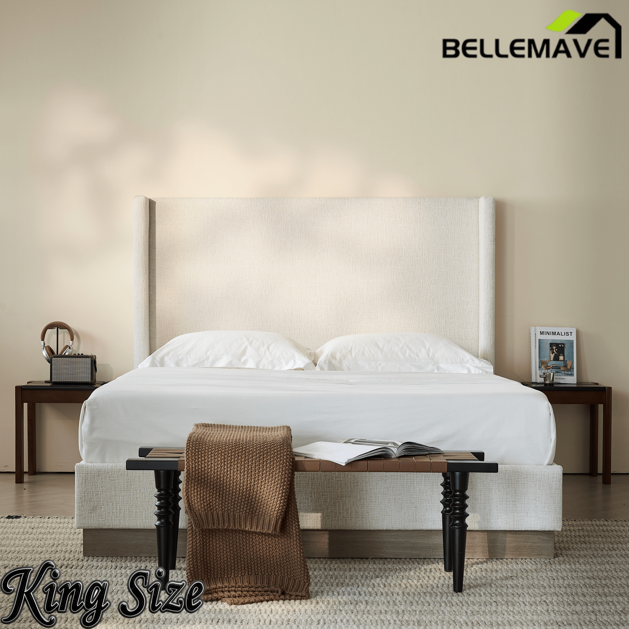 Bellemave® Upholstered Bed Frame with Headboard, Wood Base Floor Platform Beds, No Box Spring Needed No Noise - Bellemave