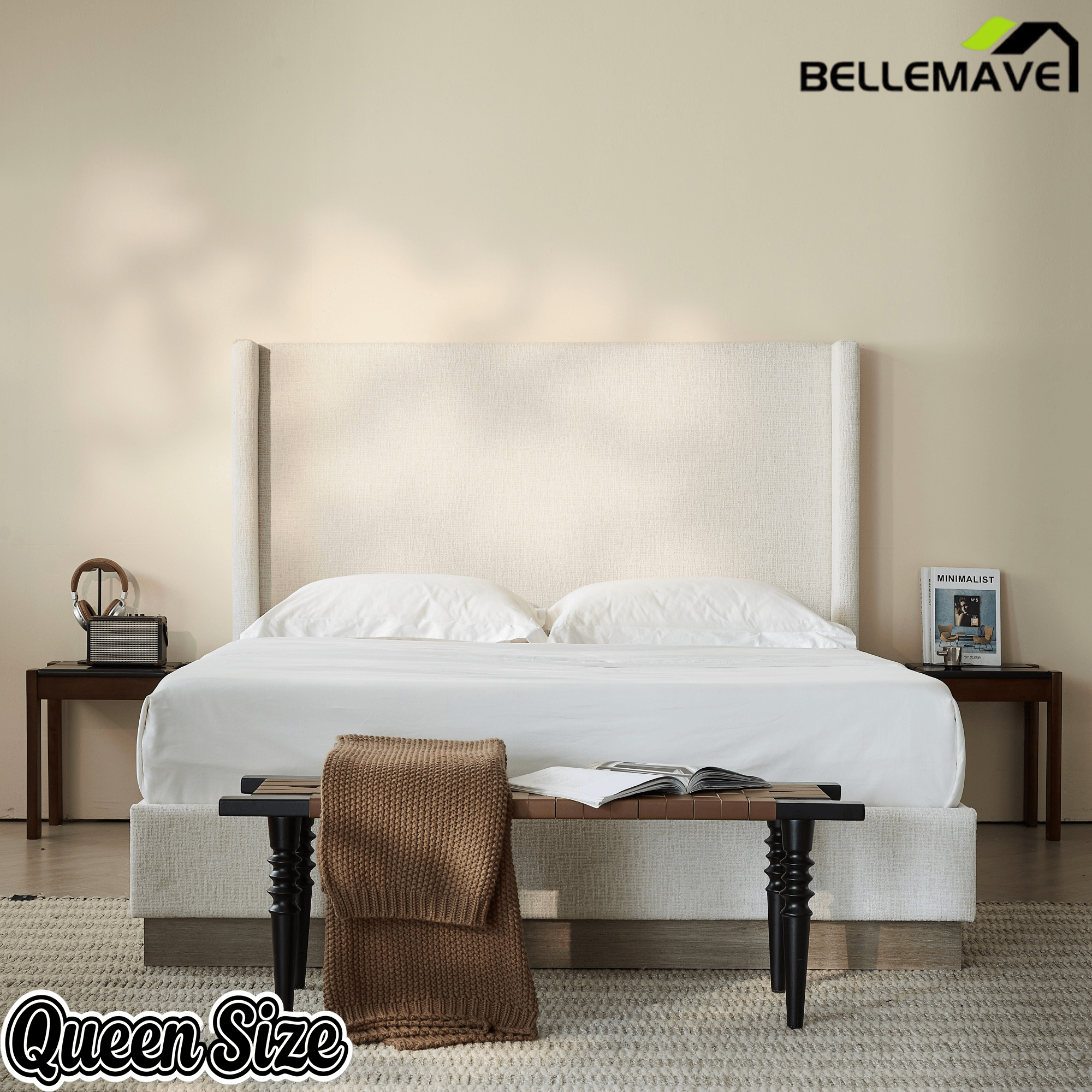 Bellemave® Upholstered Bed Frame with Headboard, Wood Base Floor Platform Beds, No Box Spring Needed No Noise - Bellemave