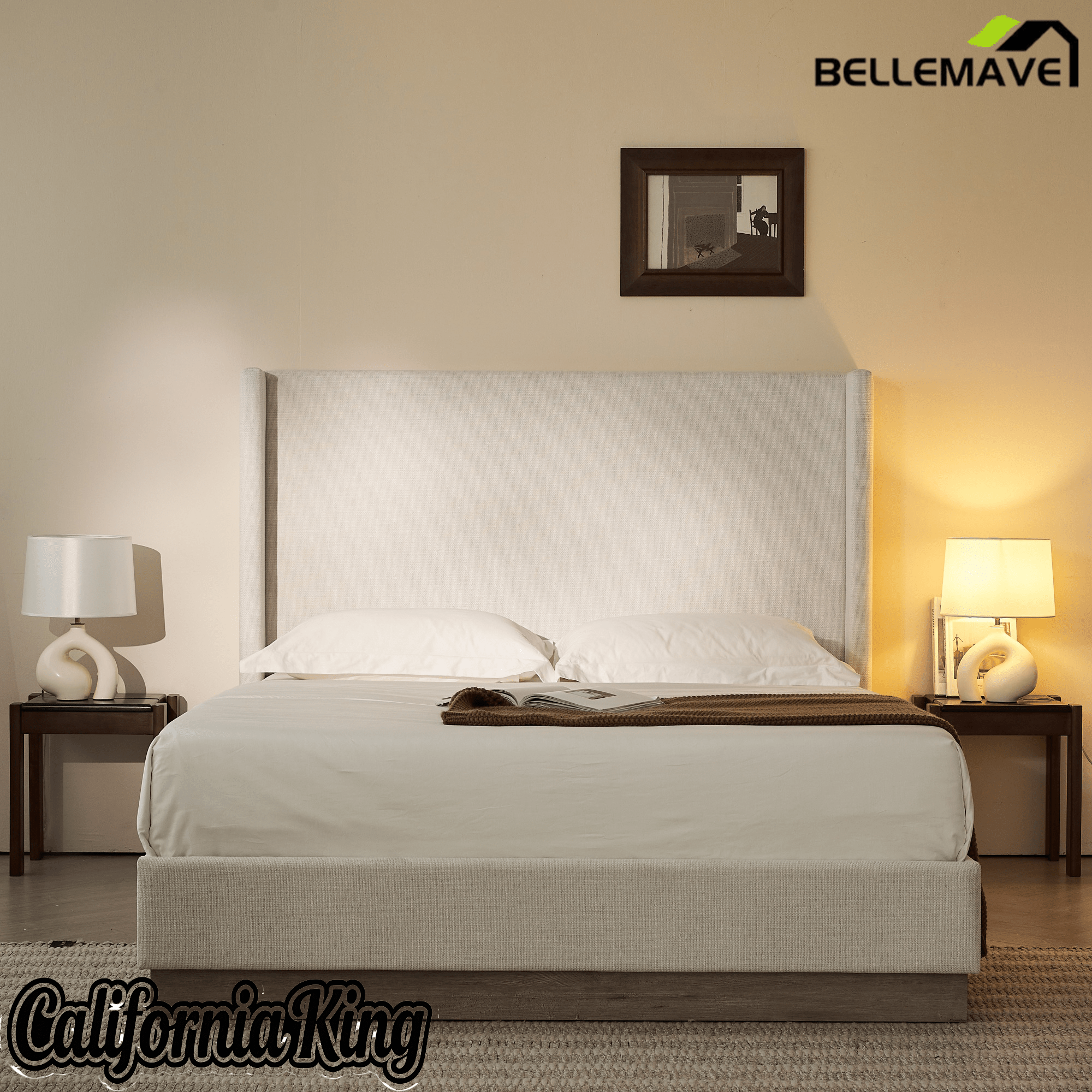 Bellemave® Upholstered Bed Frame with Headboard, Wood Base Floor Platform Beds, No Box Spring Needed No Noise - Bellemave