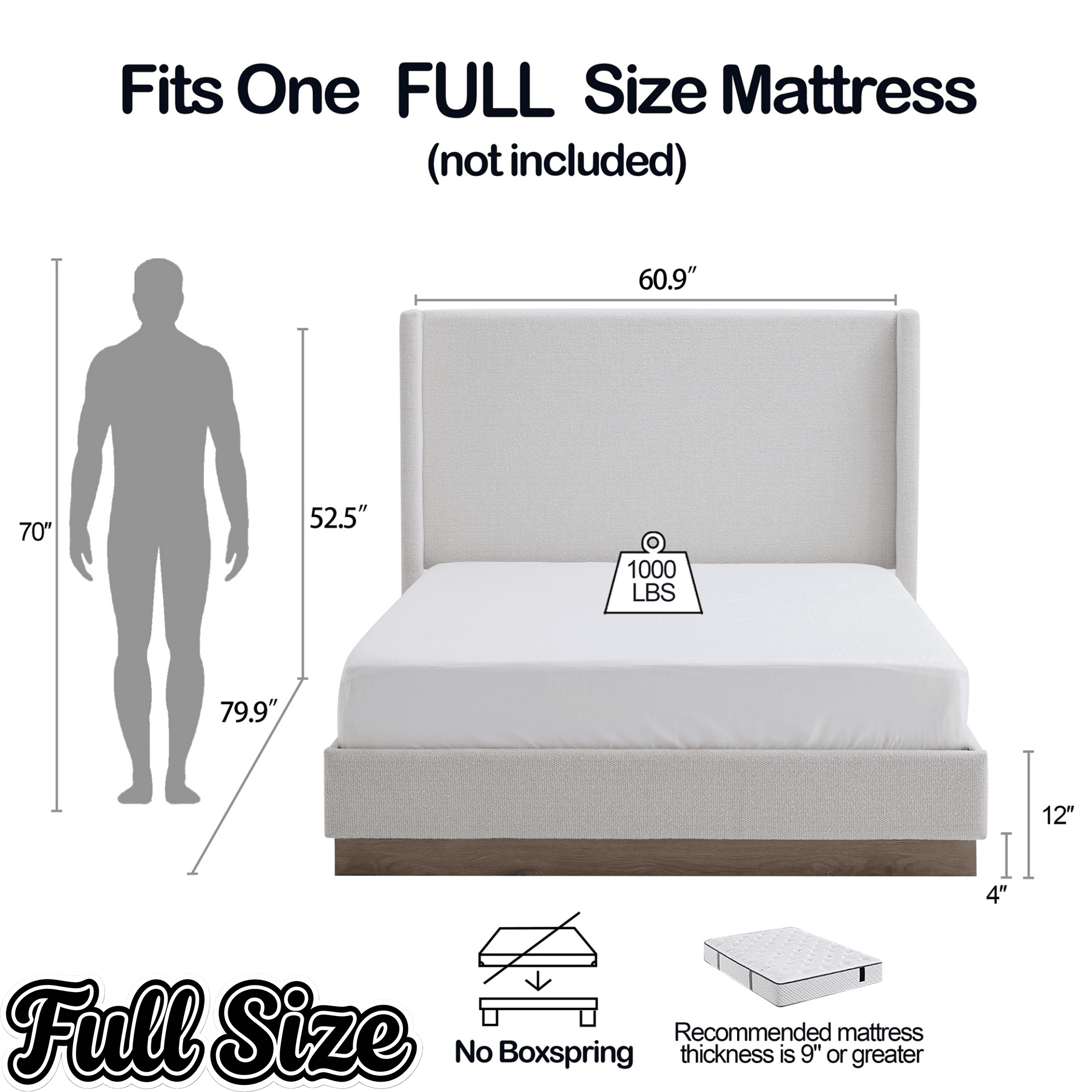 Bellemave® Upholstered Bed Frame with Headboard, Wood Base Floor Platform Beds, No Box Spring Needed No Noise - Bellemave