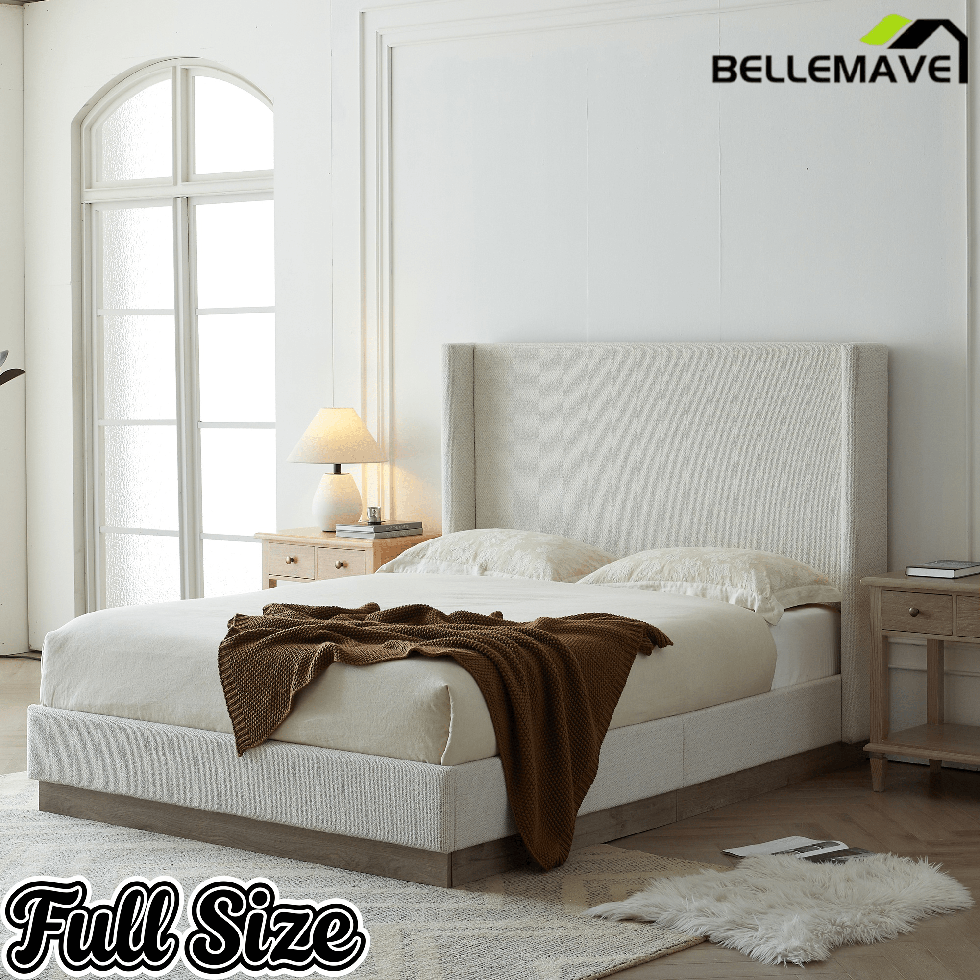 Bellemave® Upholstered Bed Frame with Headboard, Wood Base Floor Platform Beds, No Box Spring Needed No Noise - Bellemave
