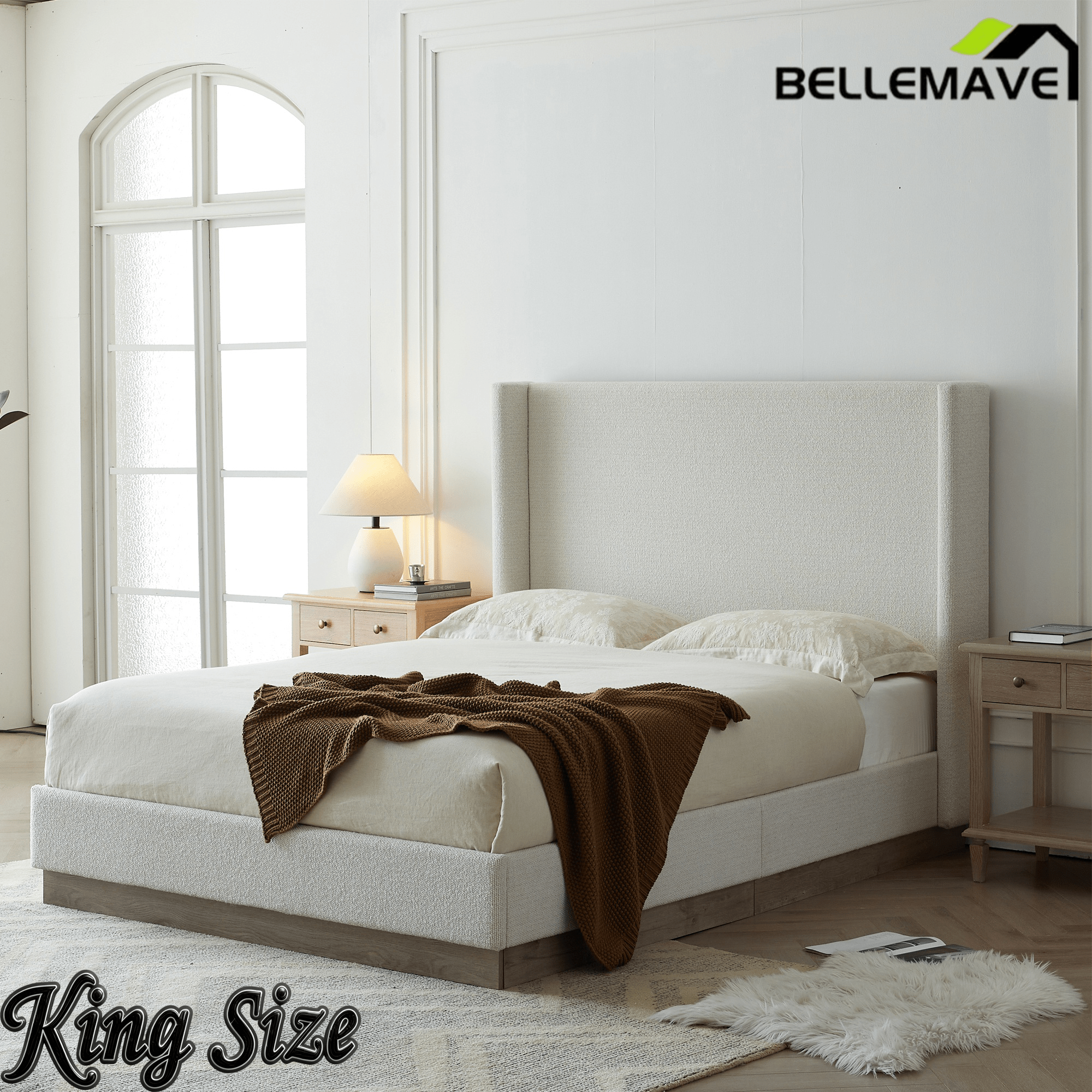 Bellemave® Upholstered Bed Frame with Headboard, Wood Base Floor Platform Beds, No Box Spring Needed No Noise - Bellemave