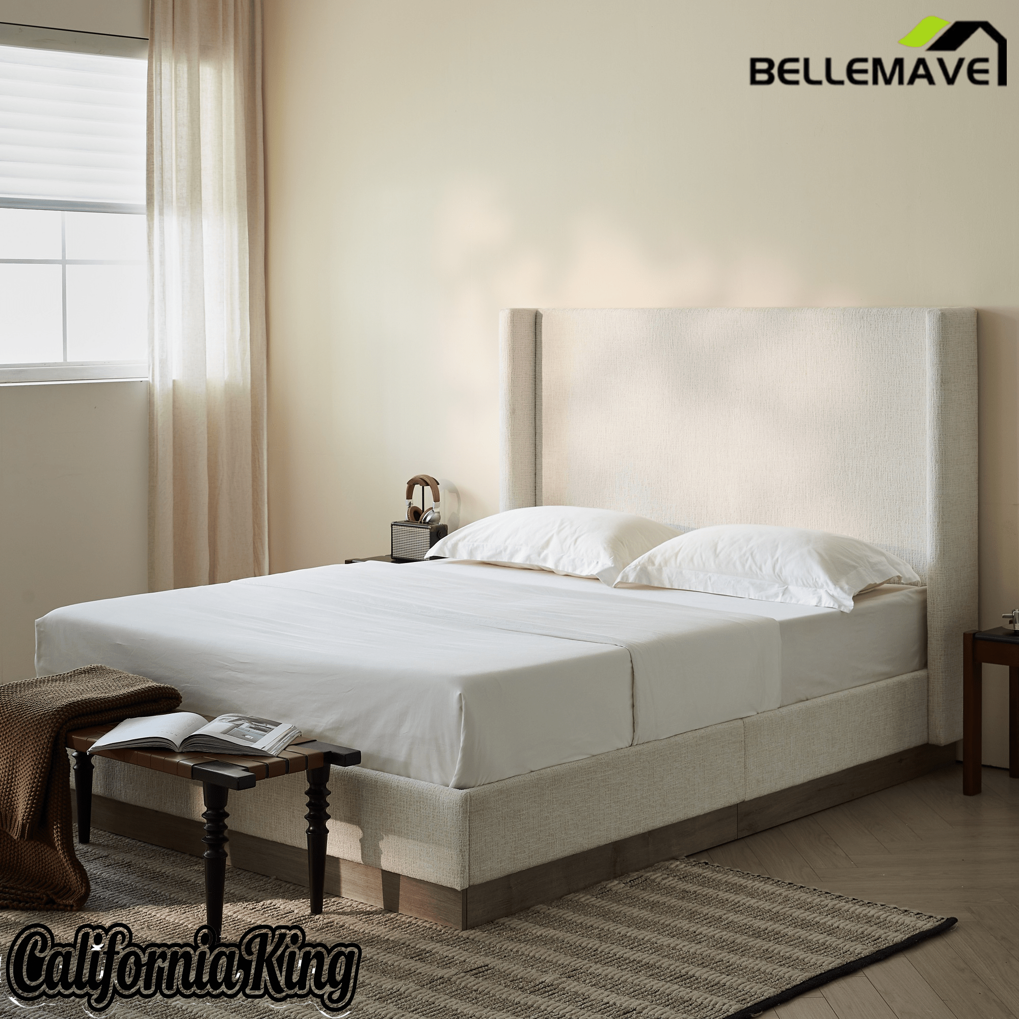 Bellemave® Upholstered Bed Frame with Headboard, Wood Base Floor Platform Beds, No Box Spring Needed No Noise - Bellemave