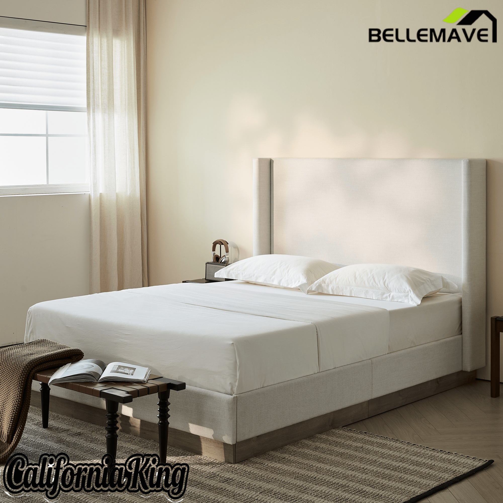 Bellemave® Upholstered Bed Frame with Headboard, Wood Base Floor Platform Beds, No Box Spring Needed No Noise - Bellemave