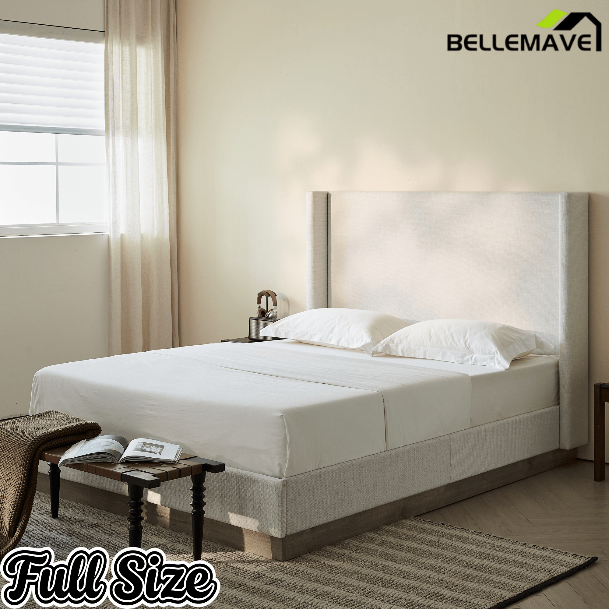 Bellemave® Upholstered Bed Frame with Headboard, Wood Base Floor Platform Beds, No Box Spring Needed No Noise - Bellemave