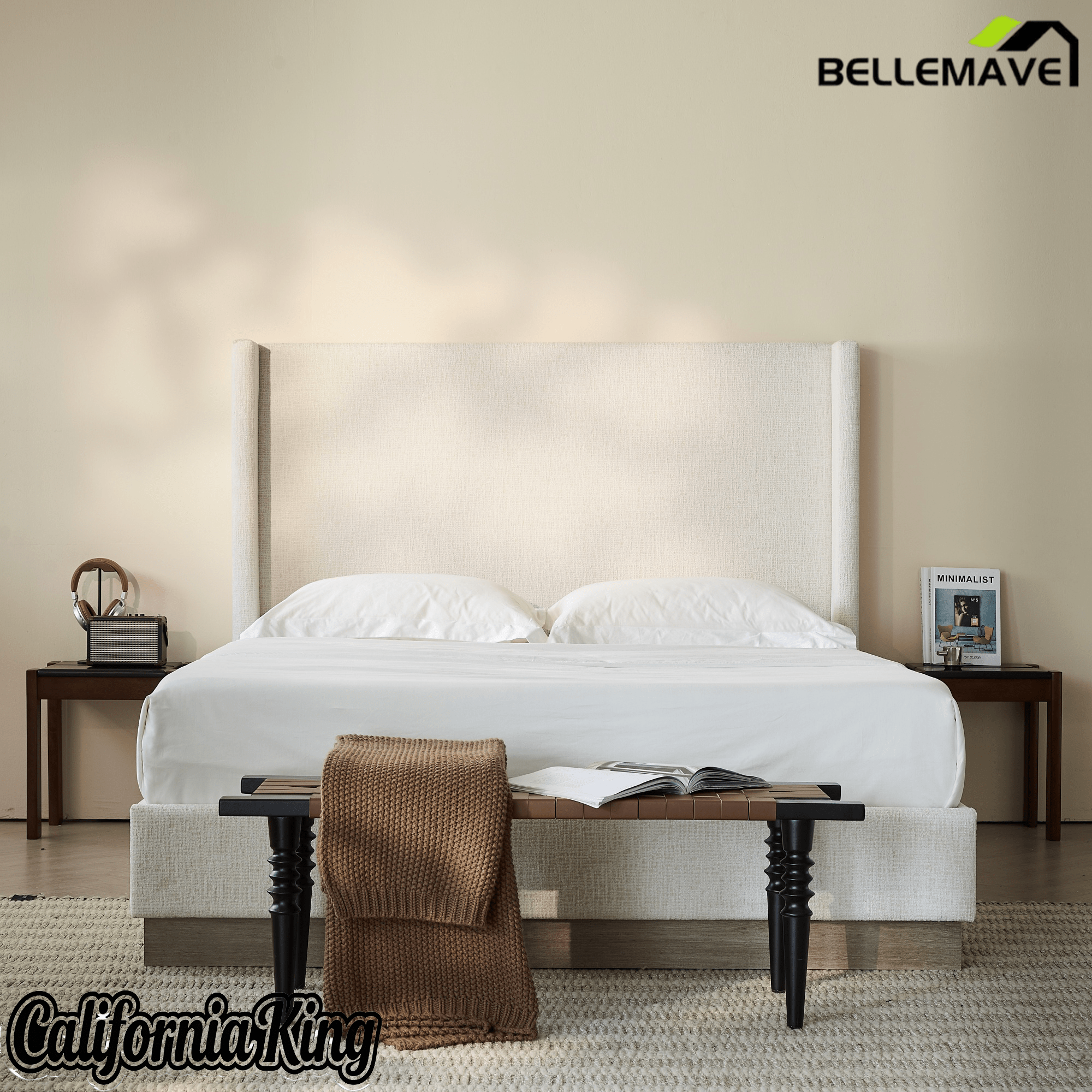 Bellemave® Upholstered Bed Frame with Headboard, Wood Base Floor Platform Beds, No Box Spring Needed No Noise - Bellemave