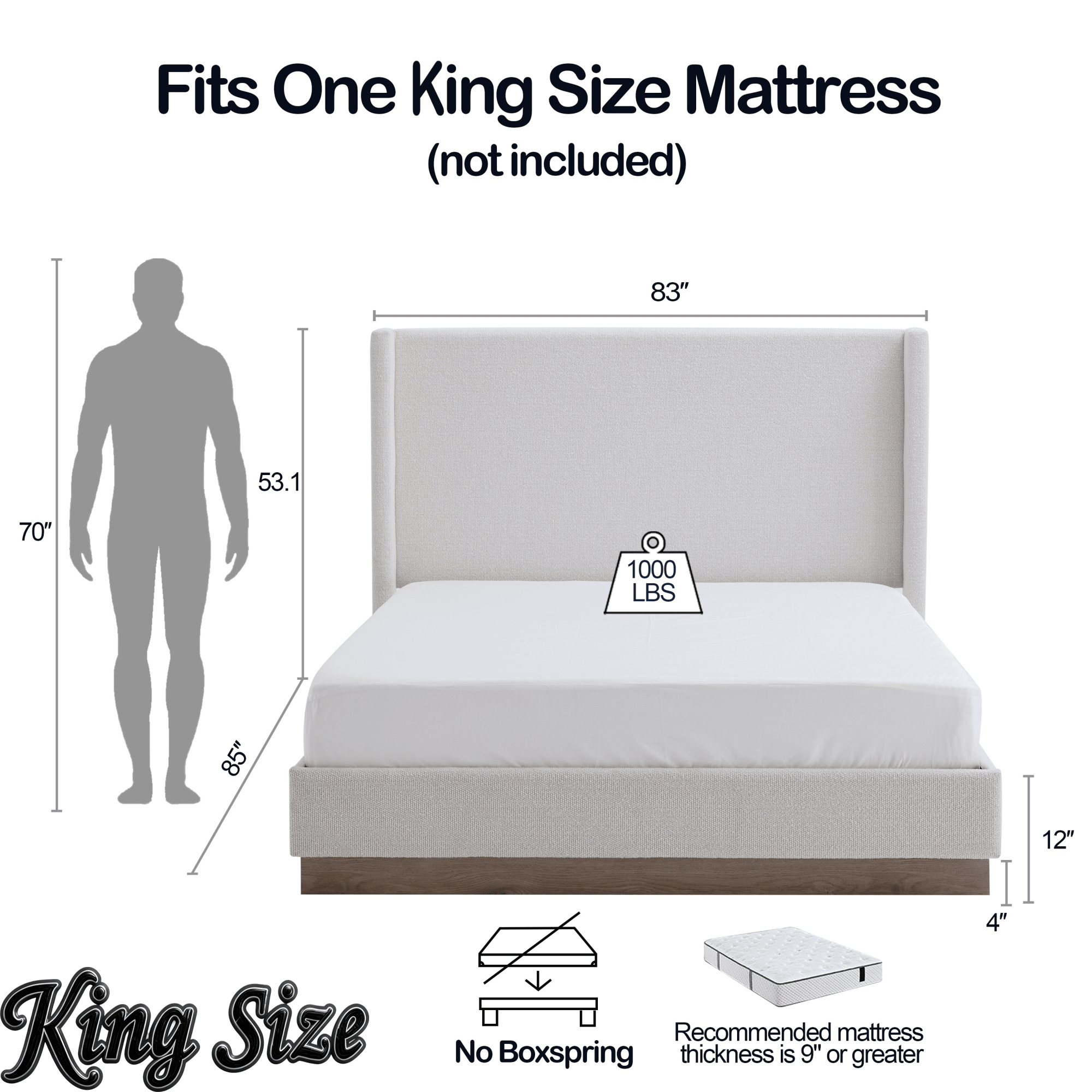 Bellemave® Upholstered Bed Frame with Headboard, Wood Base Floor Platform Beds, No Box Spring Needed No Noise - Bellemave