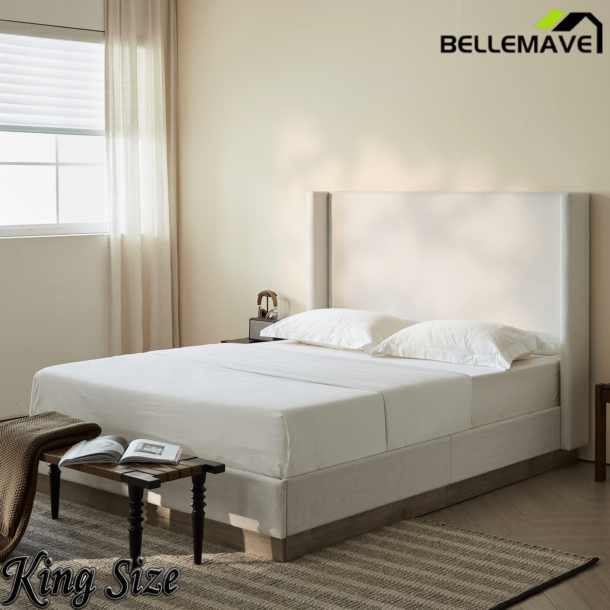 Bellemave® Upholstered Bed Frame with Headboard, Wood Base Floor Platform Beds, No Box Spring Needed No Noise - Bellemave