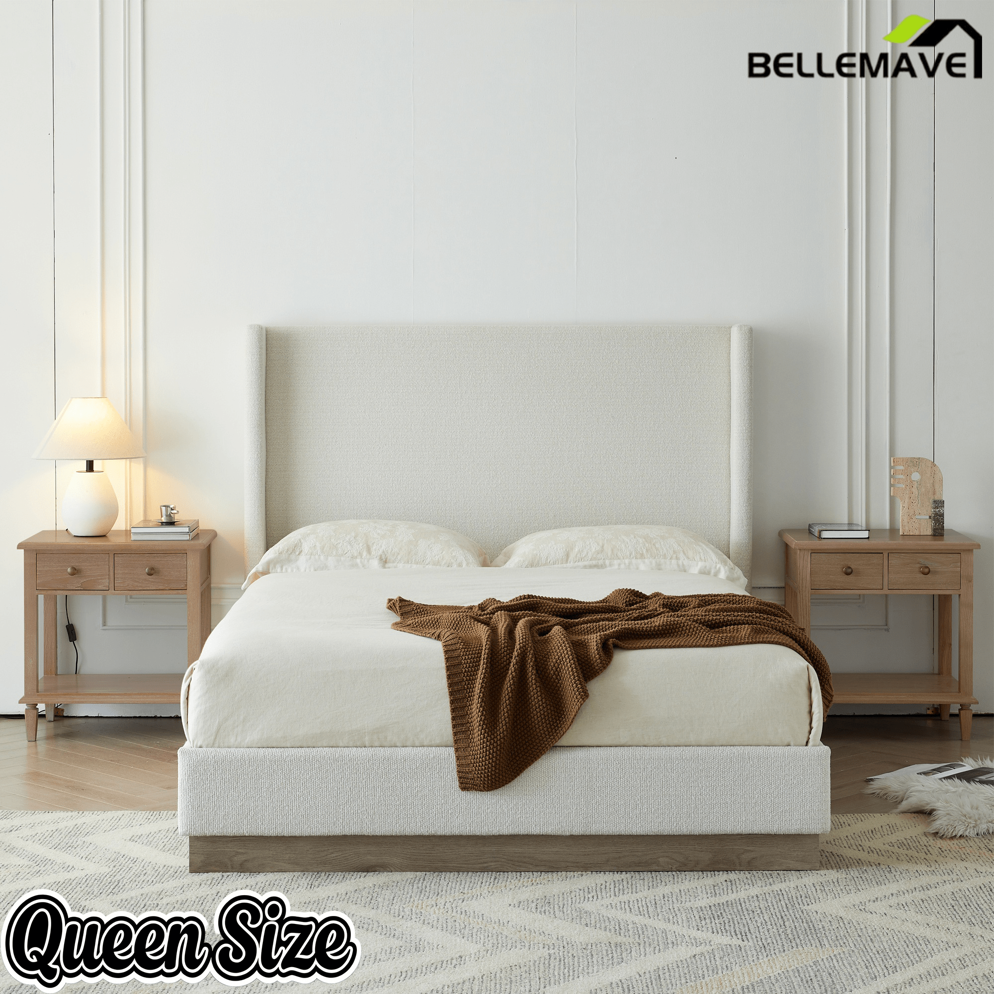 Bellemave® Upholstered Bed Frame with Headboard, Wood Base Floor Platform Beds, No Box Spring Needed No Noise - Bellemave