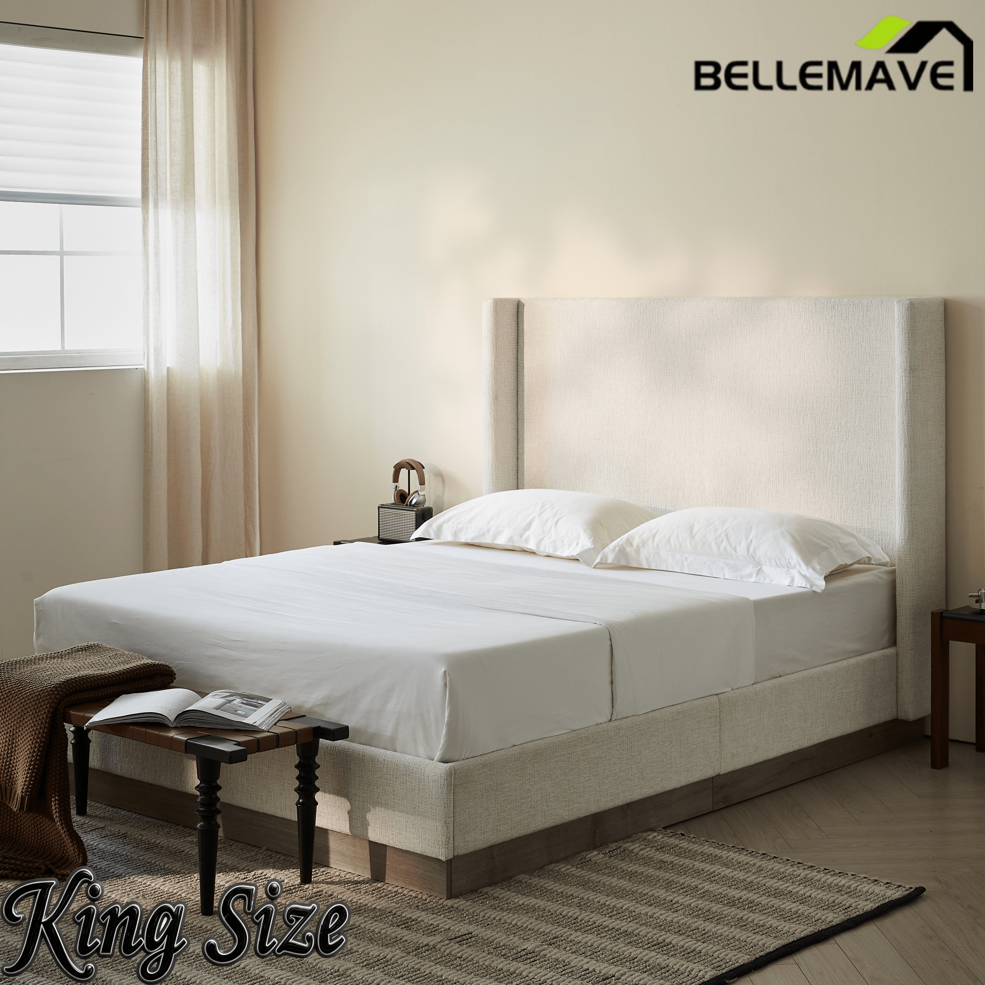 Bellemave® Upholstered Bed Frame with Headboard, Wood Base Floor Platform Beds, No Box Spring Needed No Noise - Bellemave