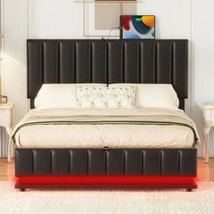 Bellemave® Upholstered Bed with Hydraulic Storage System and LED Light, Sockets and USB Ports - Bellemave