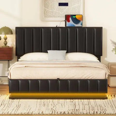 Bellemave® Upholstered Bed with Hydraulic Storage System and LED Light, Sockets and USB Ports - Bellemave