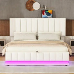 Bellemave® Upholstered Bed with Hydraulic Storage System and LED Light, Sockets and USB Ports - Bellemave