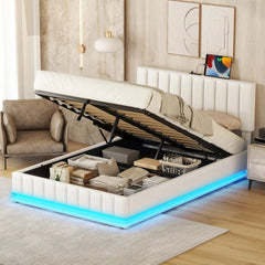 Bellemave® Upholstered Bed with Hydraulic Storage System and LED Light, Sockets and USB Ports - Bellemave