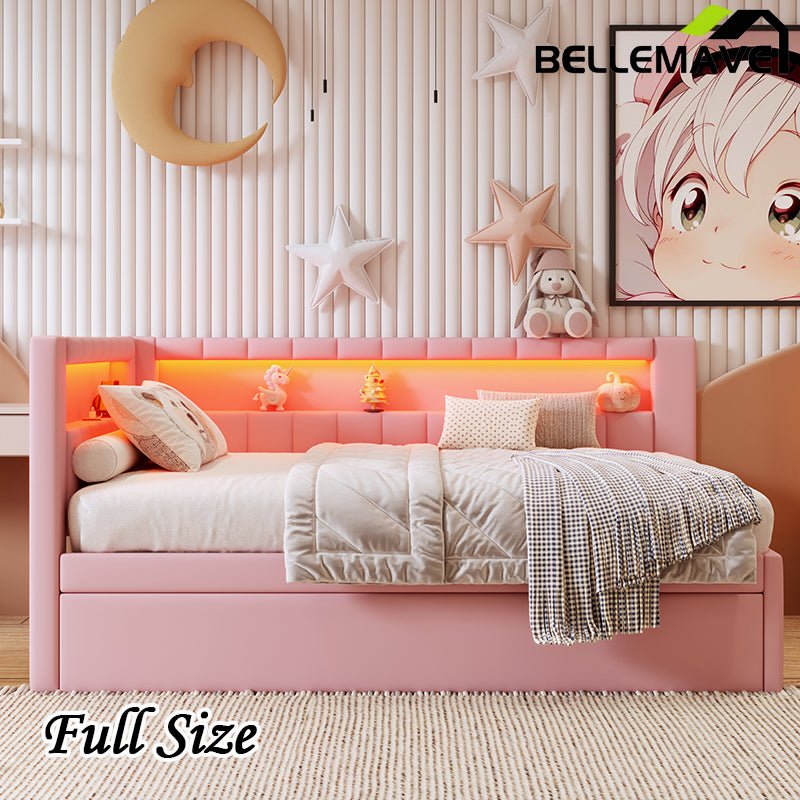 Bellemave® Upholstered Daybed with Twin Trundle, USB Ports and LED Belt - Bellemave