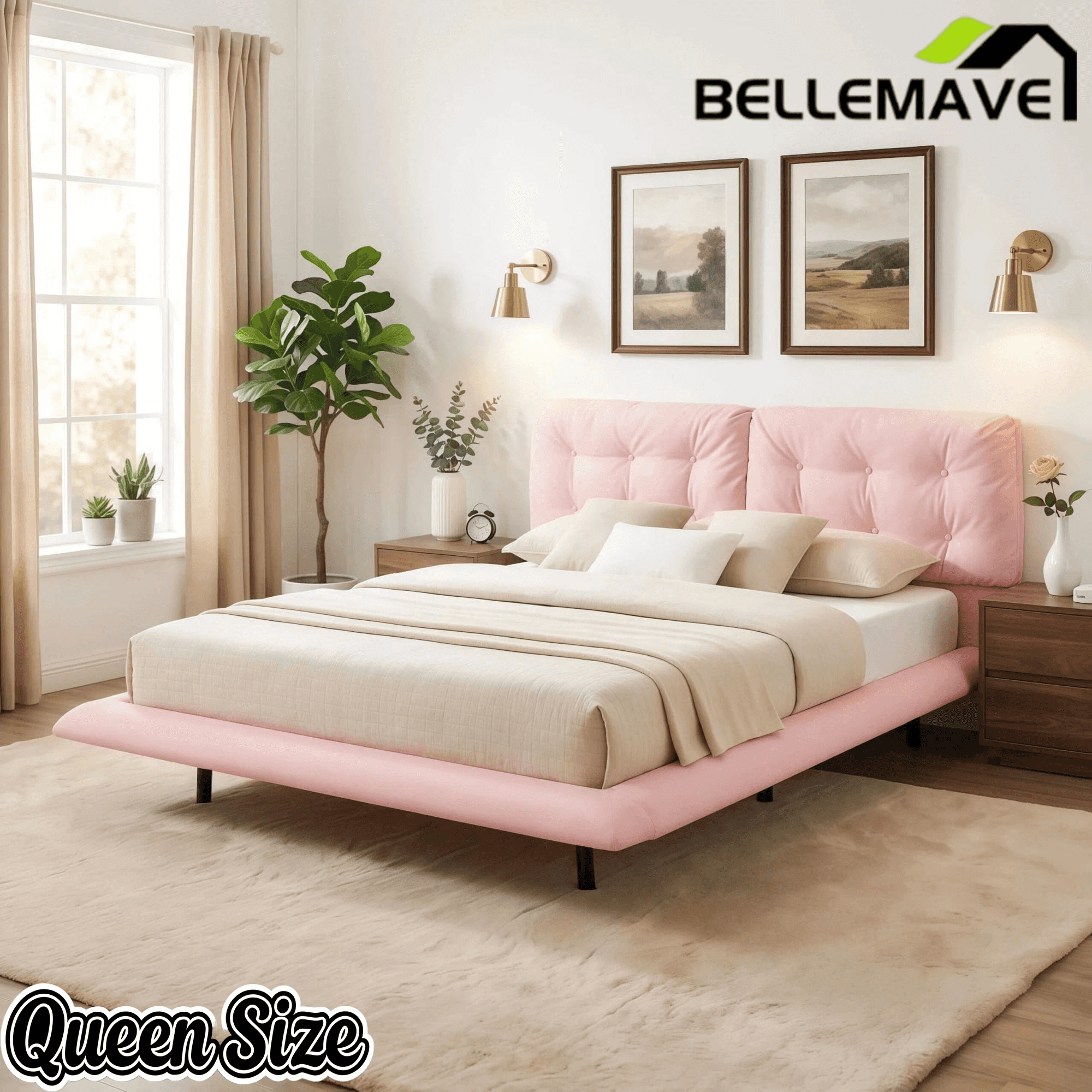 Bellemave® Upholstered Floating Bed with LED Light, Queen Size Wood Platform Bed Frame with Headboard - Bellemave