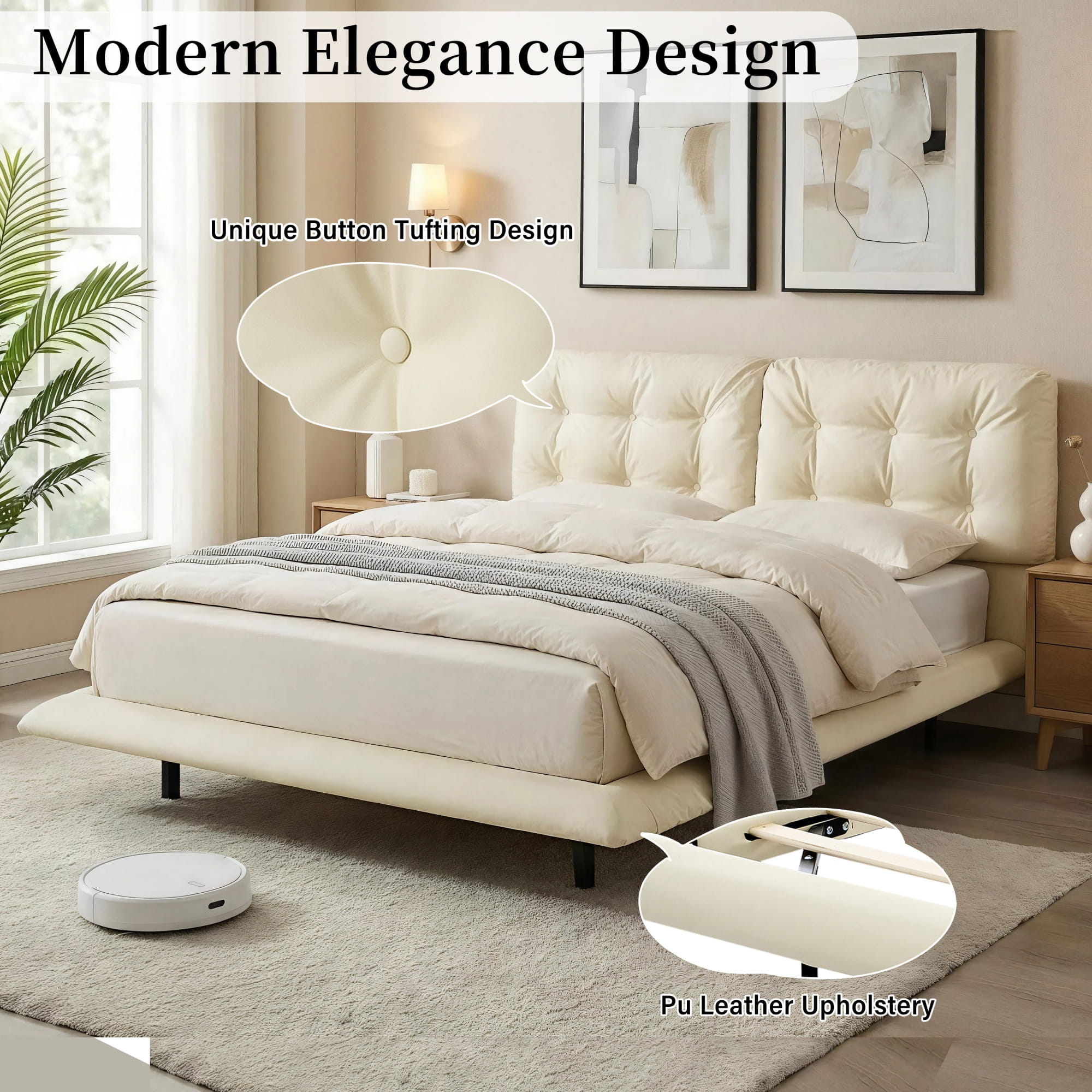 Bellemave® Upholstered Floating Bed with LED Light, Queen Size Wood Platform Bed Frame with Headboard - Bellemave