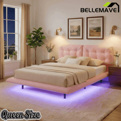 Bellemave® Upholstered Floating Bed with LED Light, Queen Size Wood Platform Bed Frame with Headboard - Bellemave