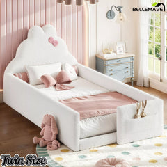Bellemave® Upholstered Floor Bed with Side Storage Pocket, Low to Ground Kids Bed with Rabbit Headboard and Padded Guardrails - Bellemave