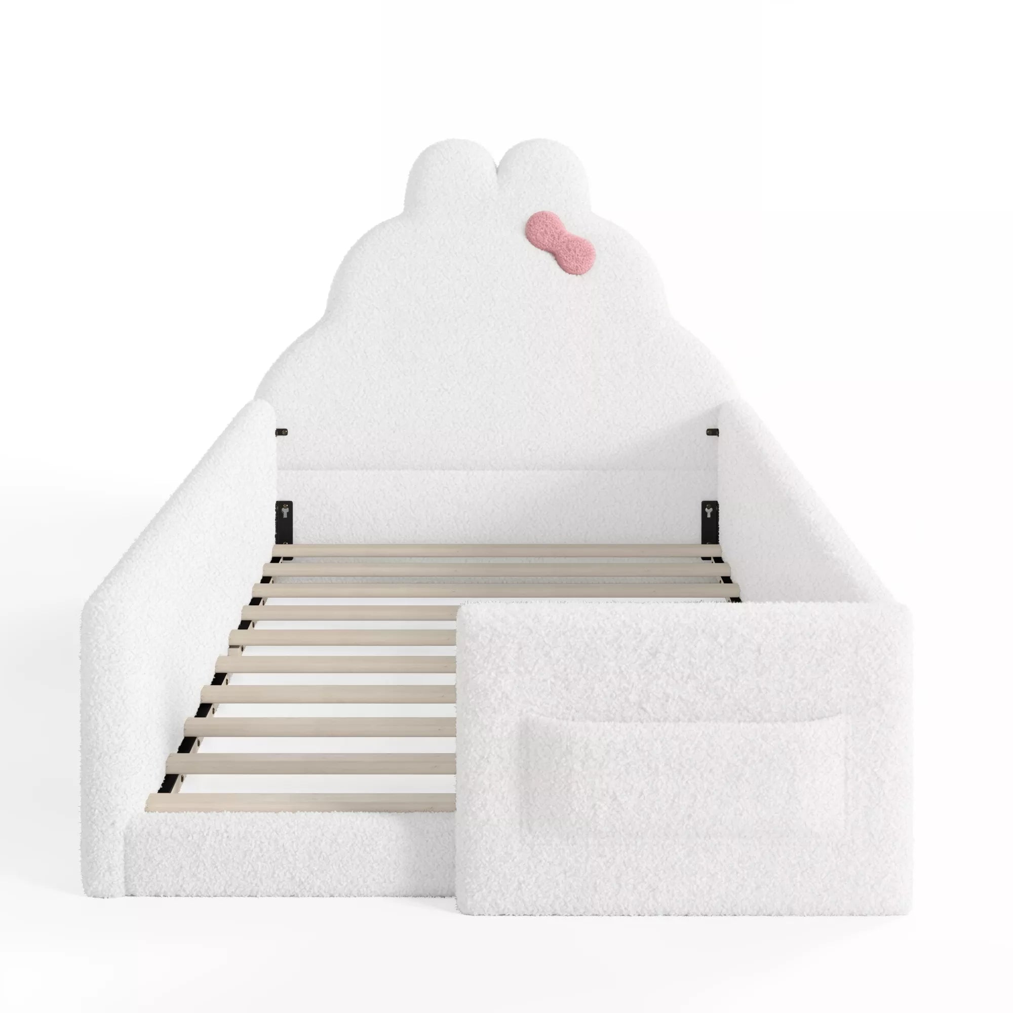 Bellemave® Upholstered Floor Bed with Side Storage Pocket, Low to Ground Kids Bed with Rabbit Headboard and Padded Guardrails - Bellemave