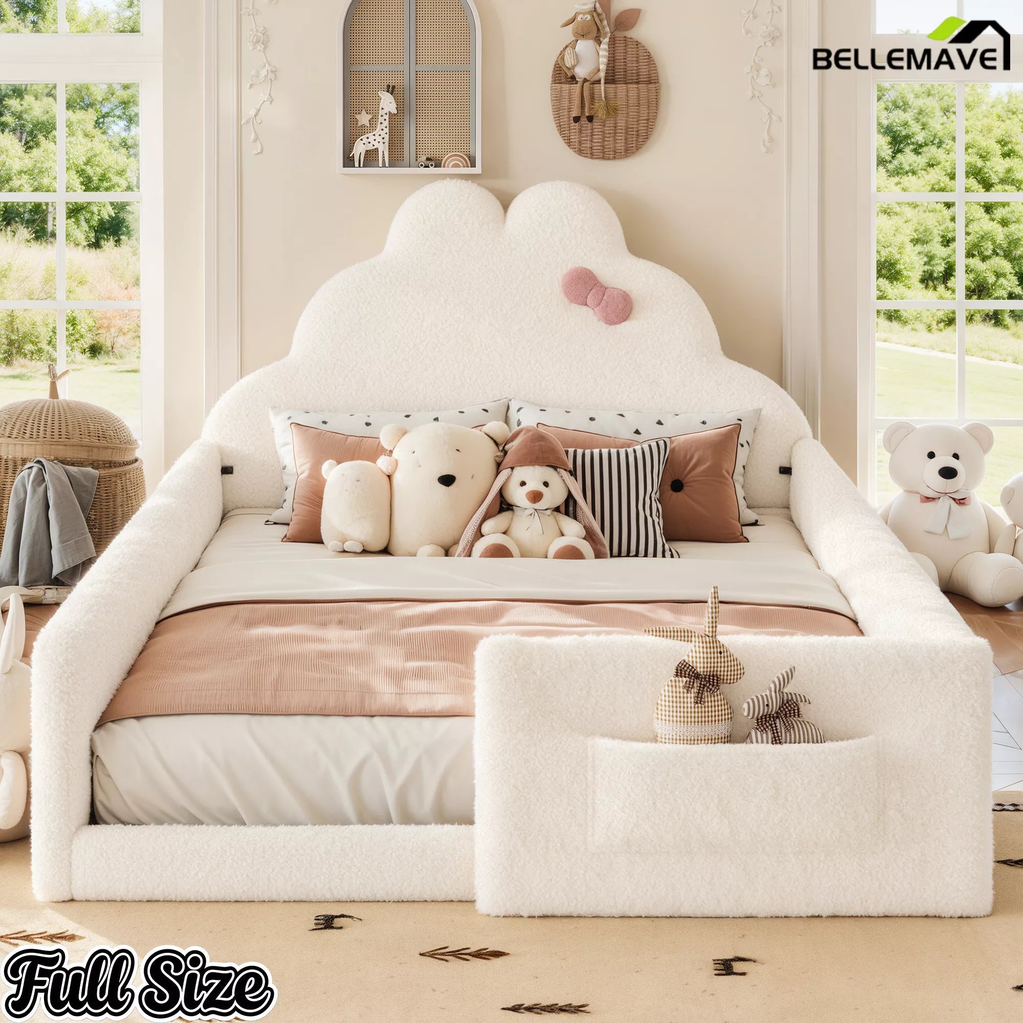 Bellemave® Upholstered Floor Bed with Side Storage Pocket, Low to Ground Kids Bed with Rabbit Headboard and Padded Guardrails - Bellemave