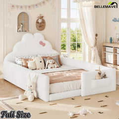 Bellemave® Upholstered Floor Bed with Side Storage Pocket, Low to Ground Kids Bed with Rabbit Headboard and Padded Guardrails - Bellemave