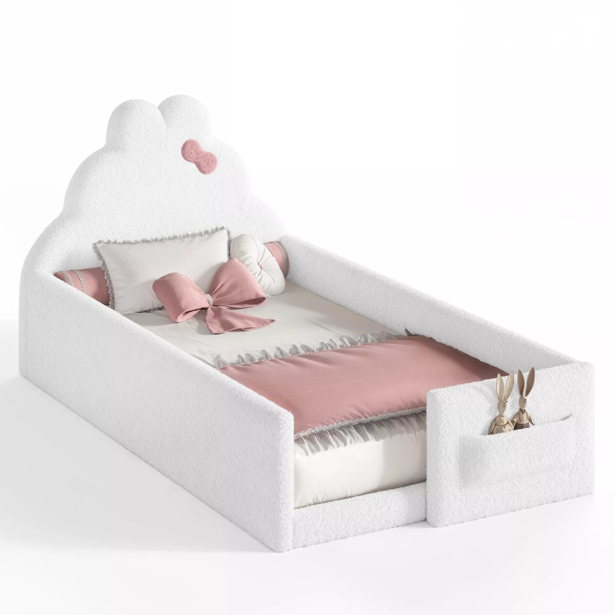 Bellemave® Upholstered Floor Bed with Side Storage Pocket, Low to Ground Kids Bed with Rabbit Headboard and Padded Guardrails - Bellemave