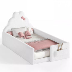 Bellemave® Upholstered Floor Bed with Side Storage Pocket, Low to Ground Kids Bed with Rabbit Headboard and Padded Guardrails - Bellemave