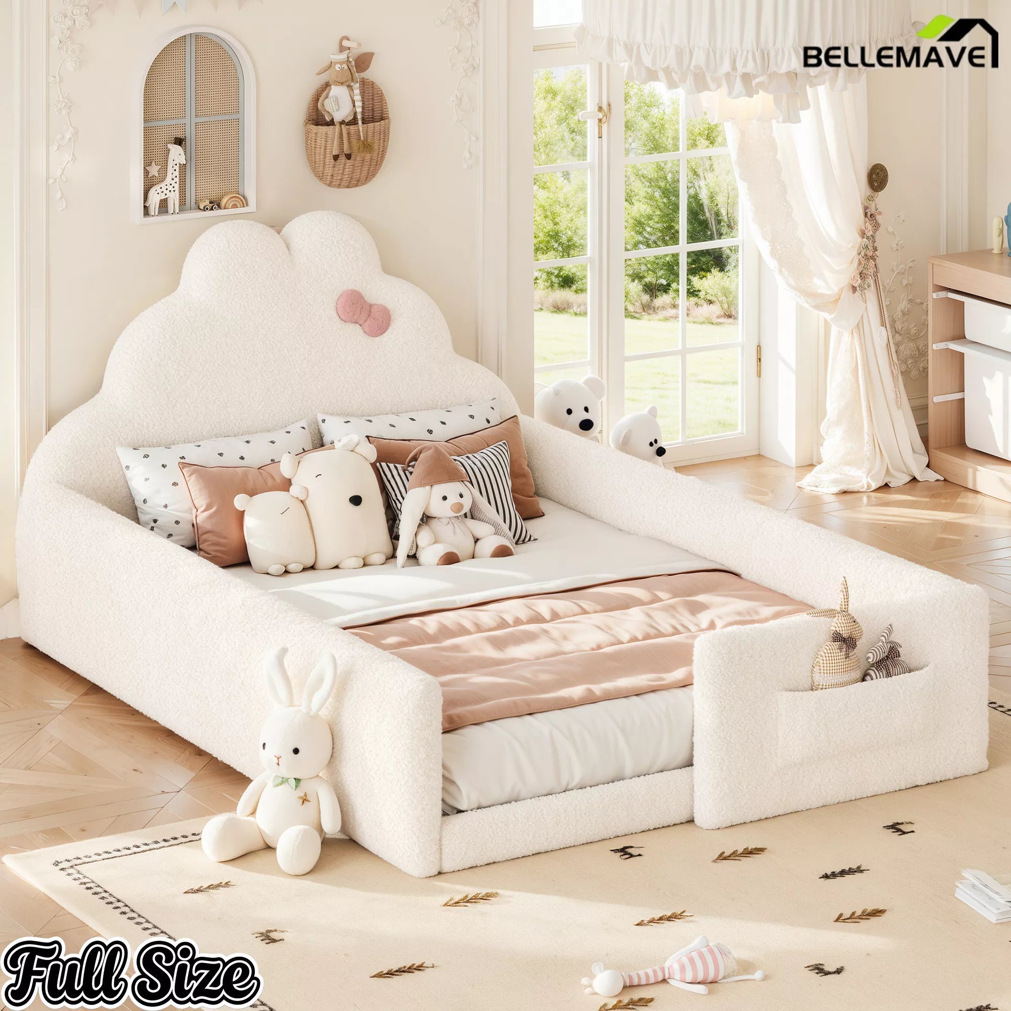 Bellemave® Upholstered Floor Bed with Side Storage Pocket, Low to Ground Kids Bed with Rabbit Headboard and Padded Guardrails - Bellemave