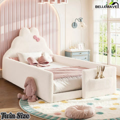 Bellemave® Upholstered Floor Bed with Side Storage Pocket, Low to Ground Kids Bed with Rabbit Headboard and Padded Guardrails - Bellemave