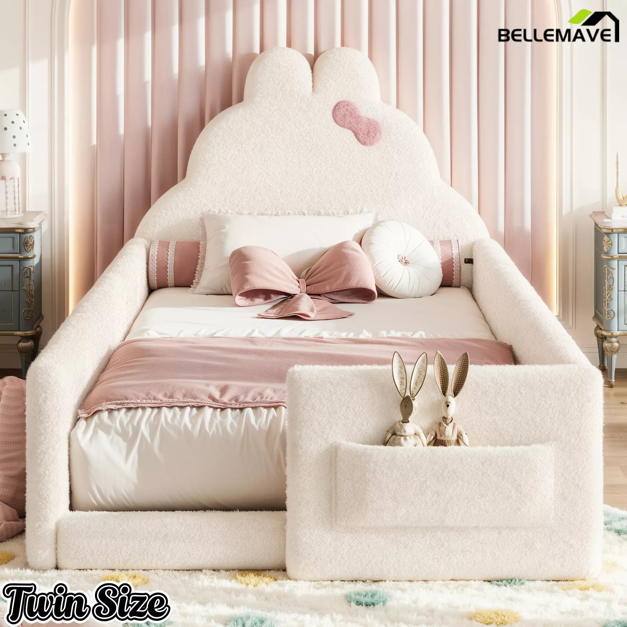 Bellemave® Upholstered Floor Bed with Side Storage Pocket, Low to Ground Kids Bed with Rabbit Headboard and Padded Guardrails - Bellemave
